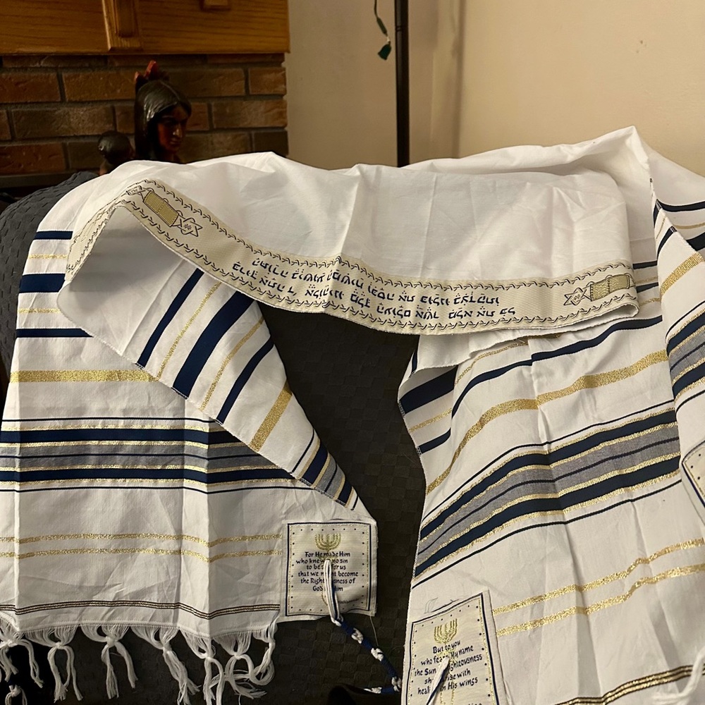 White and Blue Prayer Shawl with Gold Accents